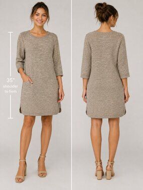 Women's Small Tan SweaterShift Dress Robert Louis 3/4 Sleeves